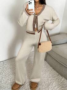 CovetEZ 2pcs/Set Women Striped Long Sleeve Cardigan And Long Pants Knitwear Suit In Fall/Winter - Light Grey - View 3