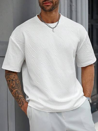 Manfinity Homme قميص تي شيرت قصير الأكمام أحادي اللون بتصميم جاكار لرجال كبار الحجم ، صيفي