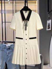 Franclia Women's Elegant College Style Color Contrast Bow Pleated Mini Dress Summer Dress Clothes For University