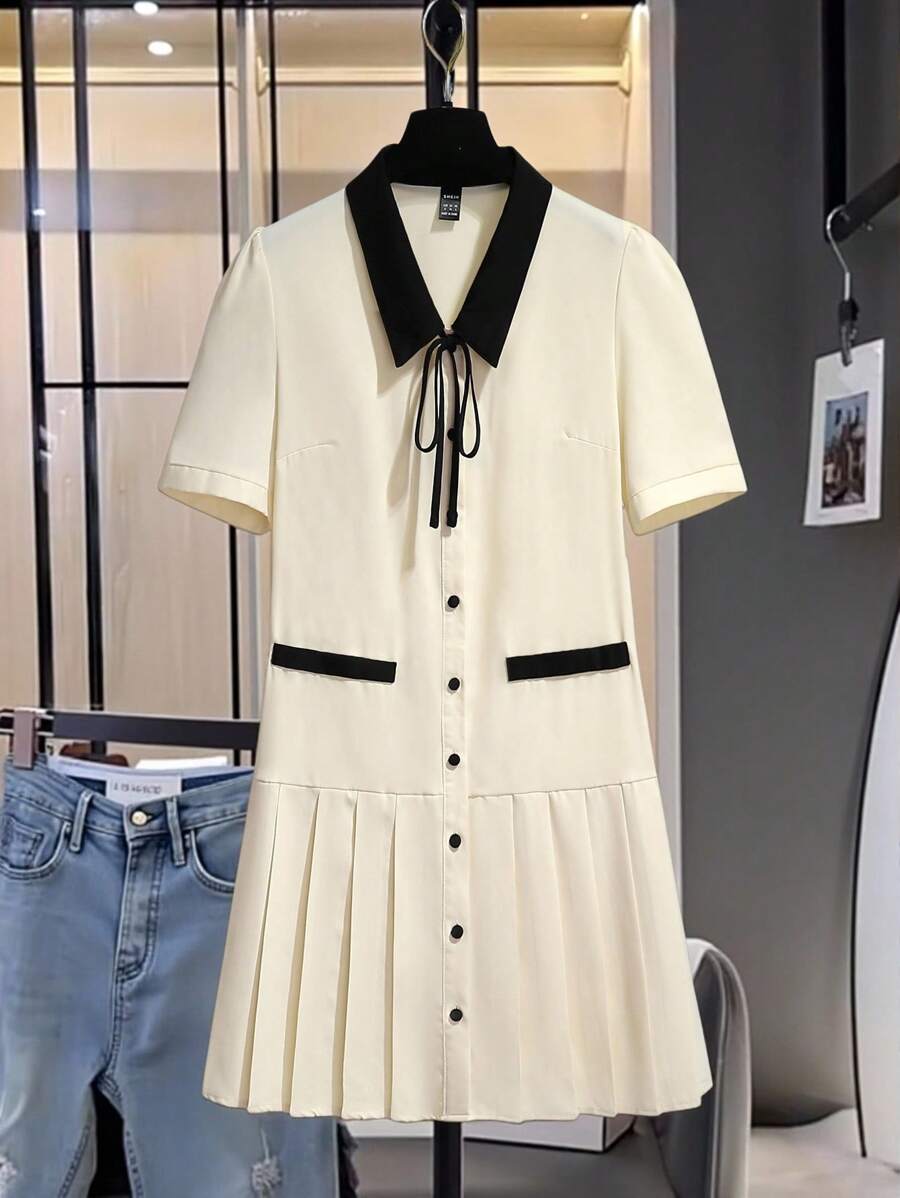 Franclia Women's Elegant College Style Color Contrast Bow Pleated Mini Dress Summer Dress Clothes For University