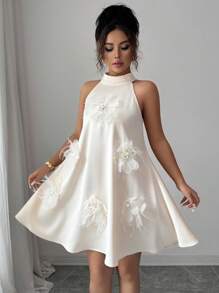 Elenzga 女式无袖领结 A 字形连衣裙，带有 3D 花卉装饰 - 米色 - 查看 3