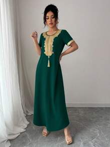 Rafferiza Women's Casual Elegant Gold Lace Trim Long Sleeve Dress Summer Dress Clothes For University - Dark Green - View 7