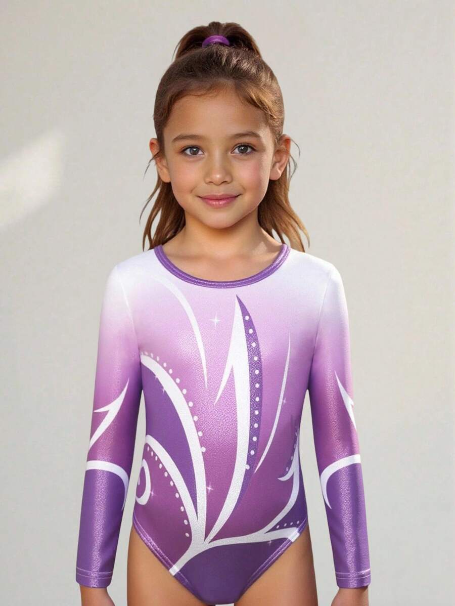 SHEIN Young Girls Activewear Purple Ombre Shiny Leotard, Long Sleeve Bodysuit, Suitable For All Seasons, Training & Competition Fall Winter
