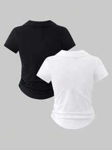 Sparklyn 2pcs/Set Teen Girls Elegant Casual All-Match Solid Color Long Sleeve Fitted T-Shirt Combo, Versatile & Easy To Match In Multiple Colors - Black and White - View 2