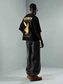 PLAYBOY X SUMWON Áo thun cotton tay ngắn thời trang đường phố cỡ lớn in họa tiết cơ bản tạp chí giải trí biểu tượng logo phong cách retro thiết kế tuyên bố - màu đen - Xem 3