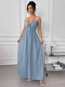 Rafferiza Halter Tie Back Hollow-Out A-Line Dress - Blue - View 5