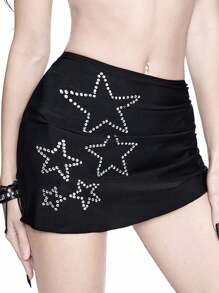 ROMWE Goth Women's Vacation Rhinestone Star Side Drawstring Mini Cover-Up Skirt, Halloween