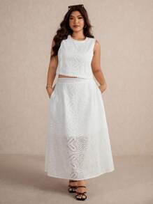 Elaquor Bộ 2 món áo không tay thêu khoét hở dành cho kỳ nghỉ hè cỡ lớn - trắng - Xem 1