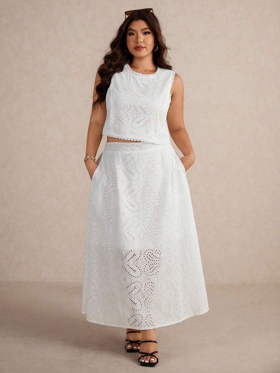 Elaquor Bộ 2 món áo không tay thêu khoét hở dành cho kỳ nghỉ hè cỡ lớn - trắng - Xem 1