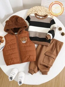SHEIN 3pcs/Set Baby Boy/Girl Casual Cute Khaki Fleece Jacket Vest Outerwear, Khaki & Brown Striped Sweatshirt And Pants Set, Unisex Baby Clothes, Baby Winter Clothes, Halloween Costume Fall