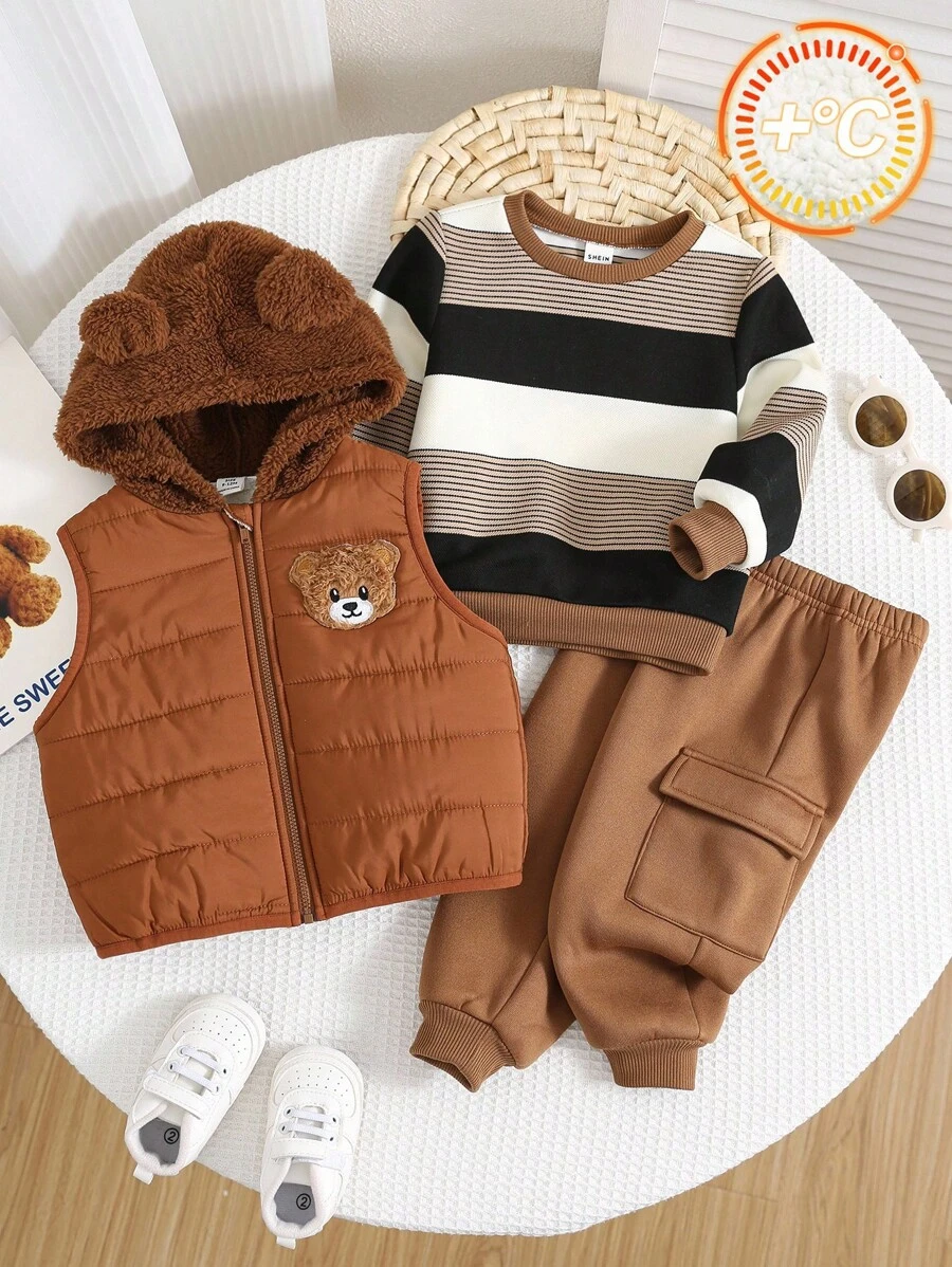 SHEIN 3pcs/Set Baby Boy/Girl Casual Cute Khaki Fleece Jacket Vest Outerwear, Khaki & Brown Striped Sweatshirt And Pants Set, Unisex Baby Clothes, Baby Winter Clothes, Halloween Costume Fall