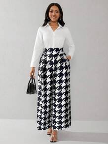 Lunelith SHEIN Lunessa 女士高腰口袋简约直筒裤，休闲和办公室通勤装 - 黑與白 - 查看 3