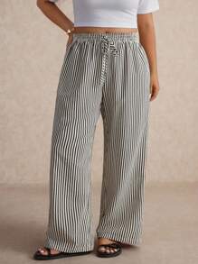 Elaquor 大码女式黑色和杏色条纹休闲通勤裤，百搭日常长裤，2025 年新品 - 彩色 - 查看 1