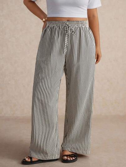 Elaquor Plus size dambyxor i svart och aprikosfärgat randigt, vardagsbyxor och pendlarbyxor, mångsidiga vardagsbyxor, nya produkter 2025