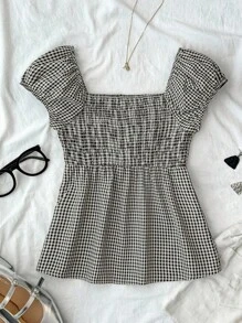 SHEIN Tween Girls' Casual Minimalist Comfortable Plaid Button Down Shirt With Back Detail