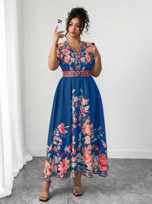 Elenzga Plus Size Women's Fashionable Versatile Thai Maldives Vacation Beach Holiday Bohemian Printed Tie Waist V-Neck Cap Sleeve Dress, Spring Summer - Multicolor - View 6