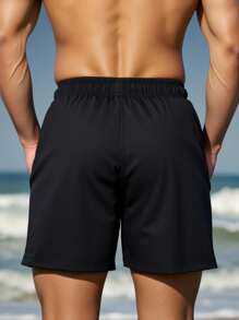 Manfinity Swimmode Men's Palm Tree Print Drawstring Waist Pocket Beach Shorts, Suitable For Summer Men Black Swim Trunks Black Swim Shorts With Palm Trees - Black - View 2