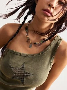 Bohemela BOHJO Casual Solid Color Knit Fitted One Shoulder Washed Pattern Women Tank Top - Army Green - View 4