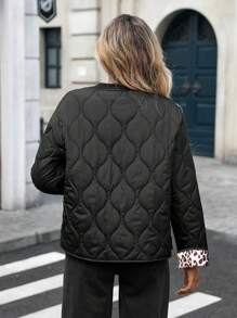 INAWLY 女士休闲豹纹拼接落肩宽松外套，秋冬款 - 黑色 - 查看 2