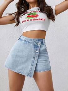 SHEIN ICON Jupe salopette en jean taille haute rétro grande taille avec boucle