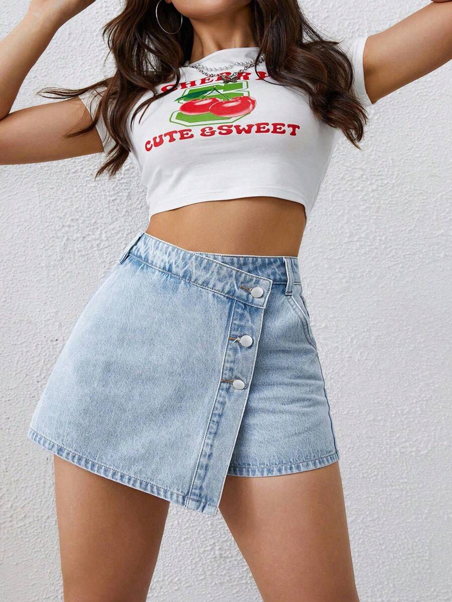 SHEIN ICON Jupe salopette en jean taille haute rétro grande taille avec boucle