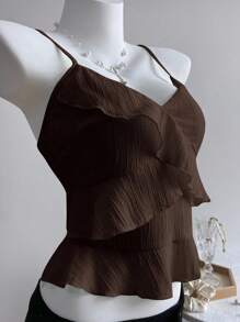 Elamini 女式夏季休闲纯色荷叶边吊带上衣 - 棕色 - 查看 5