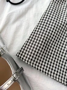 SHEIN Tween Girls' Casual Minimalist Comfortable Plaid Button Down Shirt With Back Detail