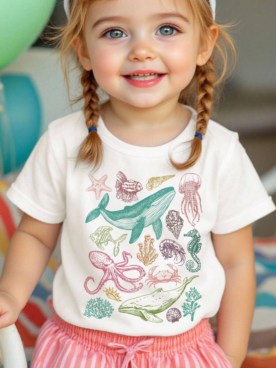 SHEIN Happikins 复古彩色海洋生物海岸图案T恤，女婴休闲简约短袖圆领T恤，适合夏季穿着，舒适透气，秋季叠穿，时尚女婴，休闲装，女婴图案服装，返校季，秋季服装，女婴海洋印花T恤，女婴海洋图案T恤，女婴海洋生物T恤，2T海洋T恤