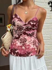 Sunnyshic Summer Casual Ombre Retro Print Ruffled Camisole - Burgundy - View 6
