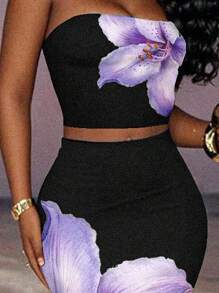 Slaydiva 2pcs Floral Print Strapless 2025 Spring/Summer Casual Set For Women, Suitable For Vacation, Parties, And Countryside Two Pieces Set Women Floral Two Pieces Set Tropical Two Pieces Set 2 Pieces Vacation Set Women Curve Two Pieces Set Suitable For Going Out - Multicolor - View 4