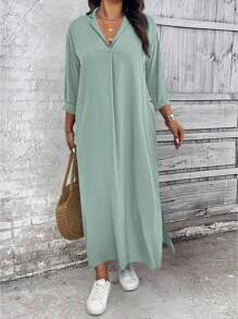 Linhara Plus Size Women's Casual Loose Daily Basic Solid Color Dress Fall Cloth For Women - Green - View 4