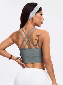 SHEIN Sovereign Charm 女士纯色交叉镂空运动文胸 - 軍綠色 - 查看 2