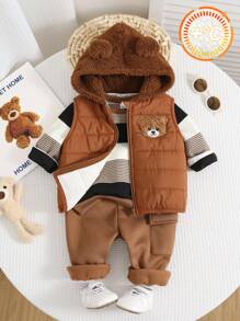SHEIN 3pcs/Set Baby Boy/Girl Casual Cute Khaki Fleece Jacket Vest Outerwear, Khaki & Brown Striped Sweatshirt And Pants Set, Unisex Baby Clothes, Baby Winter Clothes, Halloween Costume Fall
