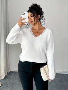 Elenzga 1pc Women Plus Size V-Neck Bow Lace Patchwork Pearl Long Sleeve Cute Elegant Knitted Sweater Pullover, Suitable For Spring/Autumn Winter Fall - White - View 6