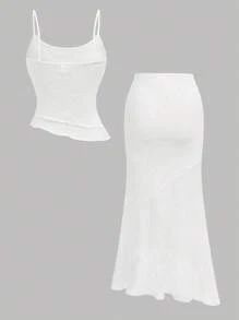 SHEIN 青少年女孩休闲简约舒适不对称下摆短款上衣和美人鱼下摆短裙两件套 - 白色 - 查看 2