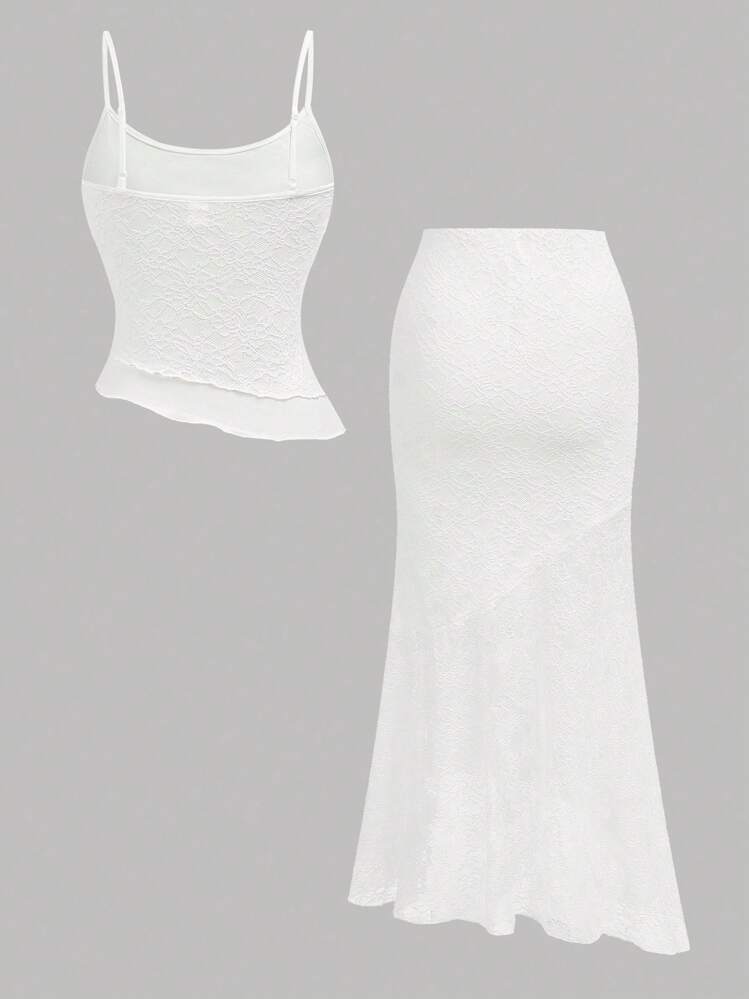 SHEIN 青少年女孩休闲简约舒适不对称下摆短款上衣和美人鱼下摆短裙两件套 - 白色 - 查看 2