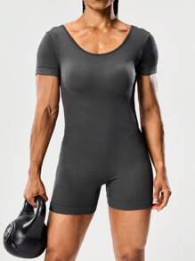 Seamluxe SHEIN Sport Plain Backless Fitted Jumpsuit Shorts, Fitness Romper, Open Back Gym Top