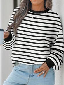 EMERY ROSE 女式大码黑白条纹印花卫衣，休闲版型大码，适合秋冬季 - 彩色 - 查看 3