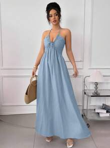 Rafferiza Halter Tie Back Hollow-Out A-Line Dress - Blue - View 3