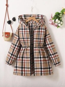 Sparklyn 青少年女孩休闲百搭百搭校园格子束腰连帽长款风衣夹克，秋冬秋季 - 彩色 - 查看 5