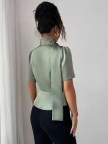 Selianne Women's Sage Green Elegant Summer Satin Blouse,Brunch Afternoon Tea Party Office Shoulder Cutout Gathered Waist A-Line Ruffle Puff Sleeve Shirt Top - Green - View 2
