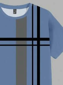 Manfinity Homme Áo thun nam tay ngắn đơn giản họa tiết sọc tương phản xanh lam & xanh lam đơn giản vừa vặn - Màu xanh bụi bặm - Xem 3