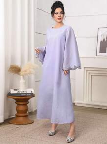 Yasmyna 圆领珍珠喇叭袖荷叶边珍珠夏季优雅浪漫飘逸连衣裙 - 紫色 - 查看 6