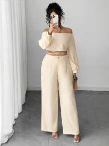 Elenzga 大码女式露肩抹胸蝴蝶结肩带长袖上衣和直腿宽裤两件套