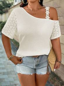 SHEIN LUNE Plus Size Women Lace Patchwork Hollow Sleeve T-Shirt