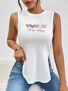 Lucivie 女士心形字母图案开衩背心 选择快乐图案 T 恤 女士上衣 - 白色 - 查看 5