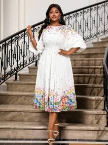 SHEIN Lady Vestidos de talla grande con cuello de pico, manga abullonada y plisada, de longitud midi y tres cuartos, de punto colorido y elegante para la oficina y uso diario, apropiados para primavera y verano