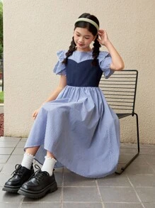 SHEIN 休閒色塊圓領A字裙，適合青少年女孩，腰部設有修身設計，下擺鬆垂 - 藍色 - 查看 5