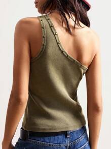 Bohemela BOHJO Casual Solid Color Knit Fitted One Shoulder Washed Pattern Women Tank Top - Army Green - View 7