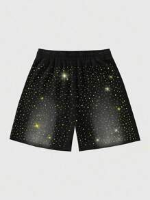 ROMWE MEN Street Life Men's Fashion Sparkling Rhinestone Print Shorts - Black - View 2